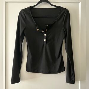 Black Long-Sleeve Henley Top with Snap Placket
